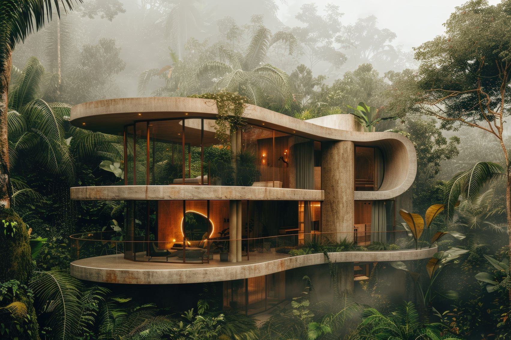 Modern multi-level house with curved architecture nestled in a lush, foggy rainforest.