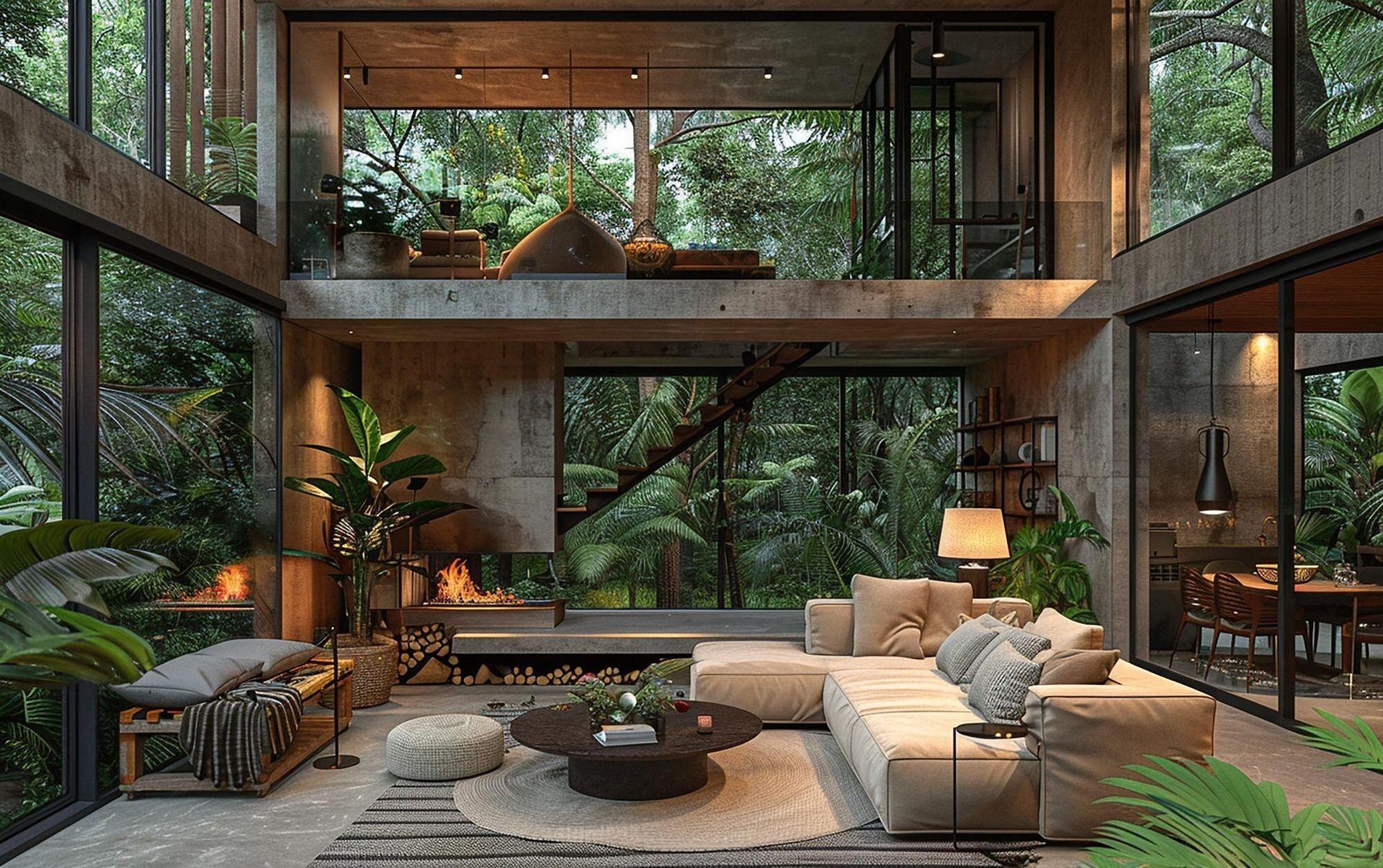 Modern living room with large windows, lush greenery outside, cozy seating, and a fireplace.