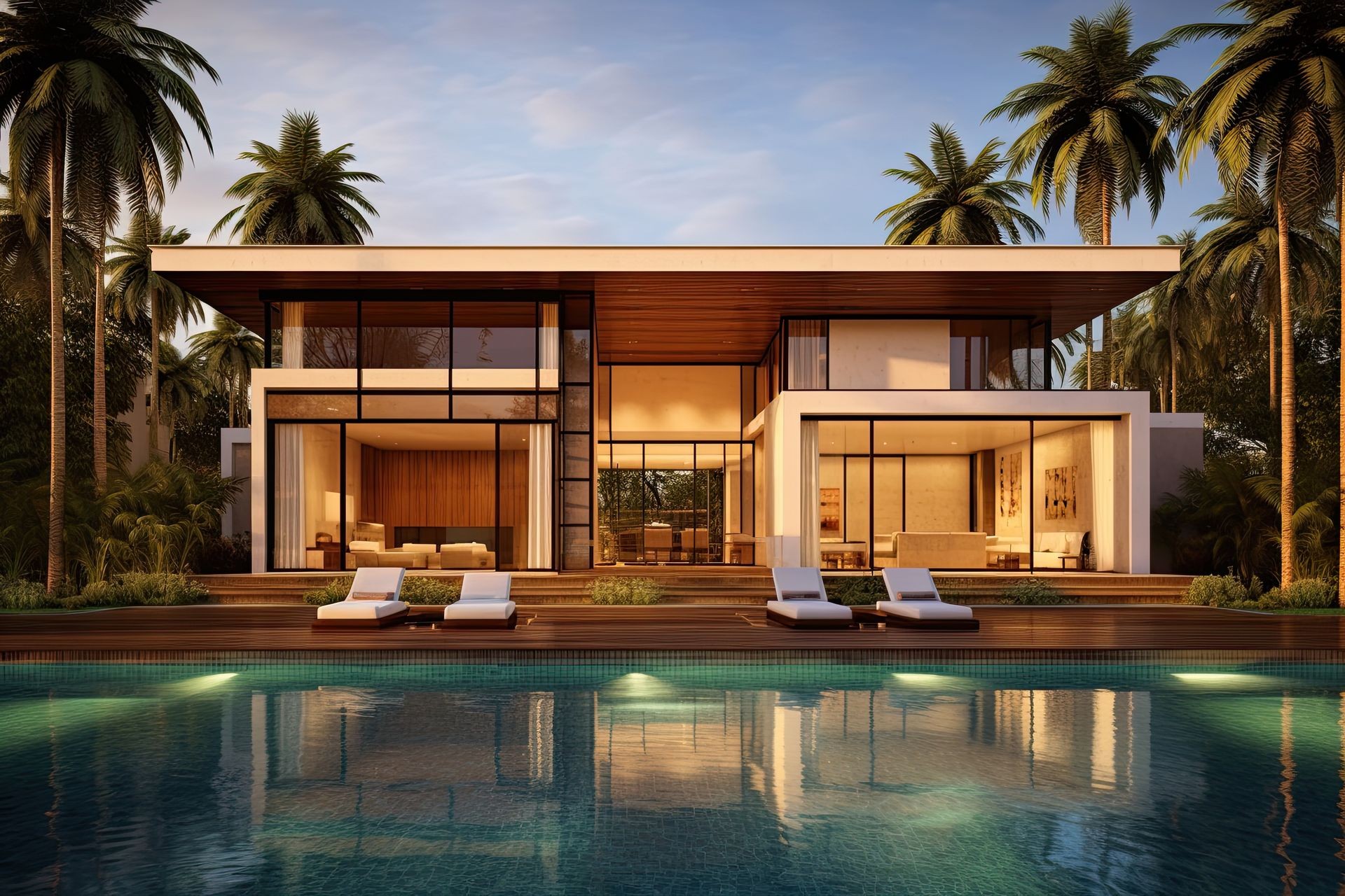 Modern luxury house with large windows and a swimming pool, surrounded by palm trees during sunset.