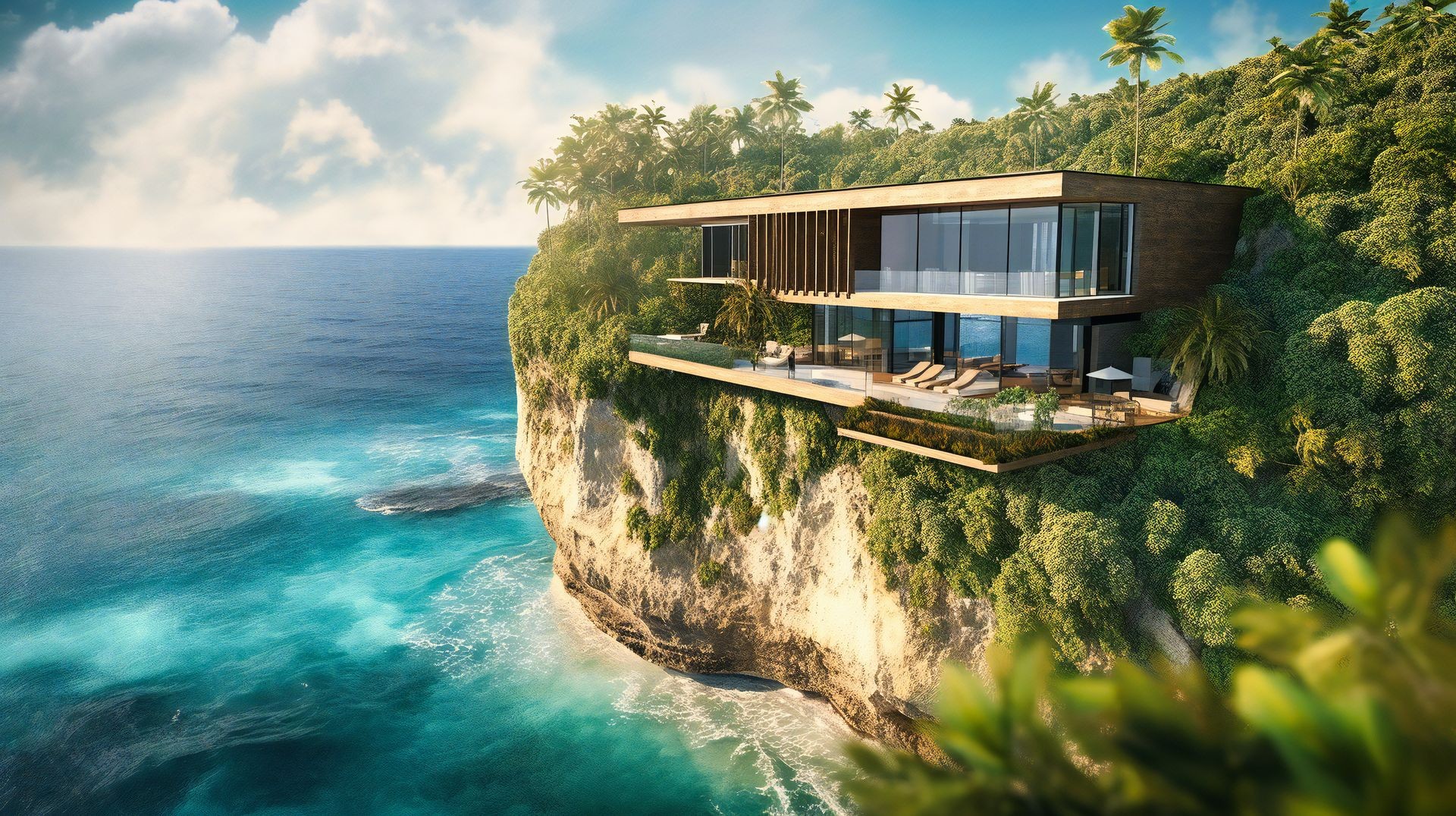 Modern cliffside house with large windows overlooking the ocean, surrounded by lush greenery and palm trees.