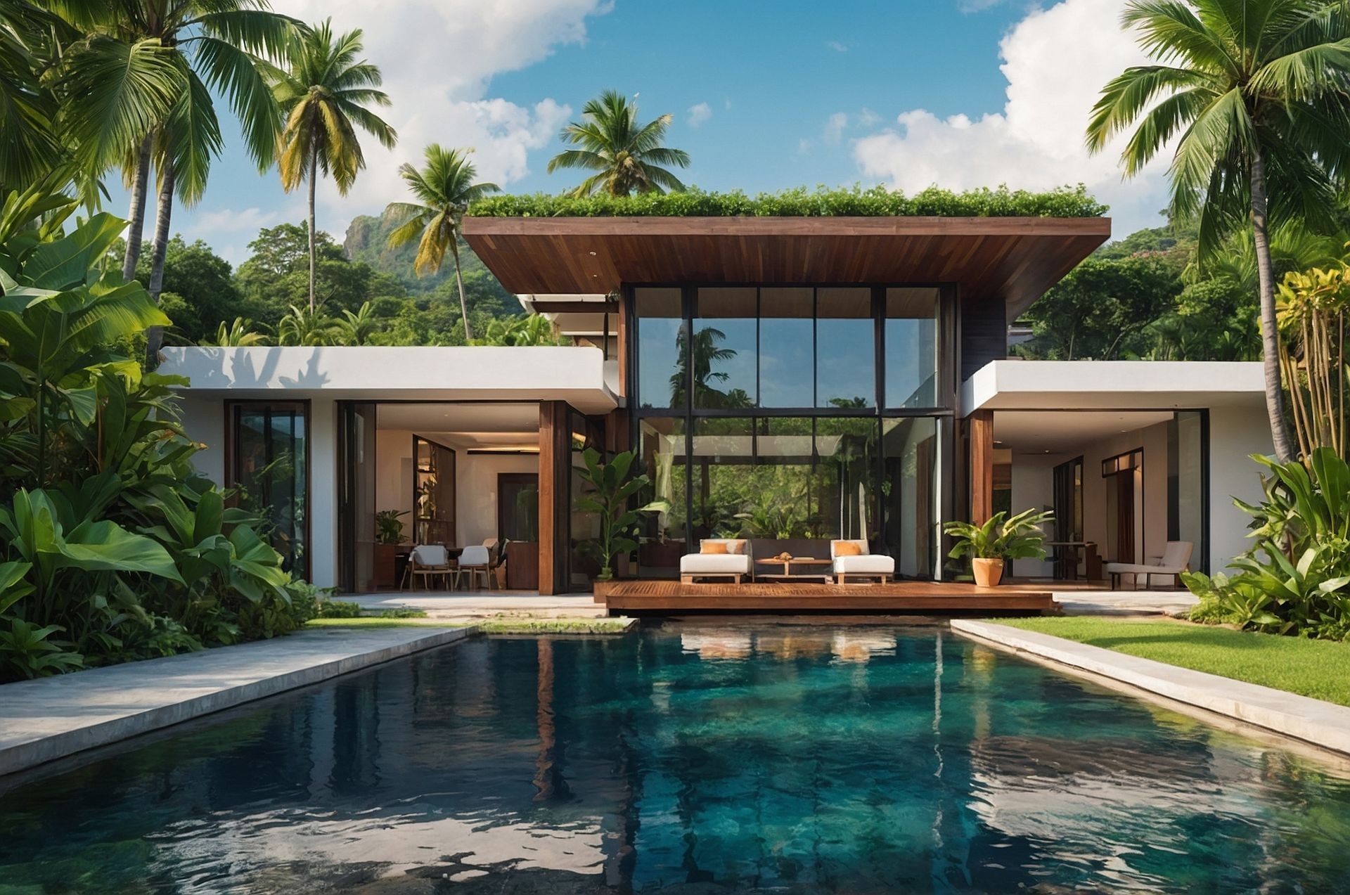 Modern tropical villa with large windows, surrounded by palm trees and a pool in the foreground.
