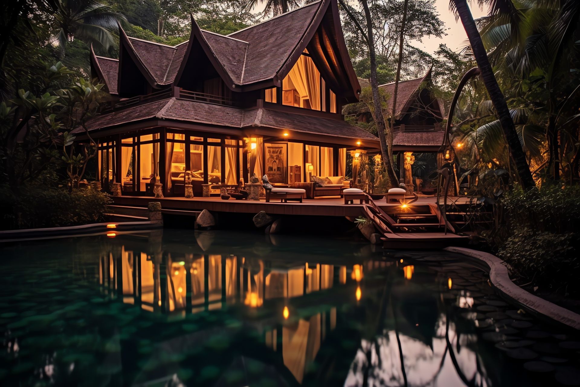 Luxury tropical villa with warm lighting reflected in a tranquil pool surrounded by lush greenery at dusk.