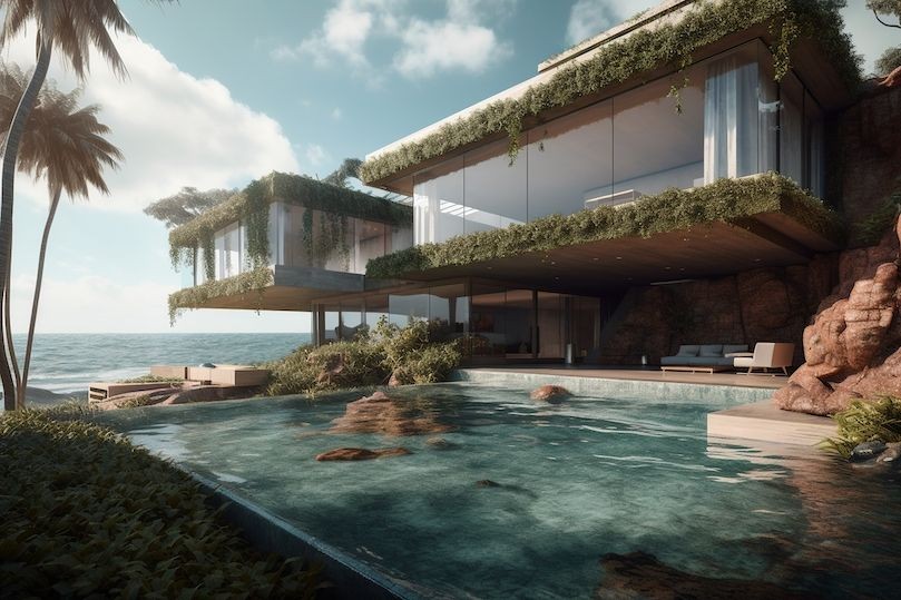 Modern oceanfront house with large glass windows and greenery, overlooking an infinity pool and the sea.