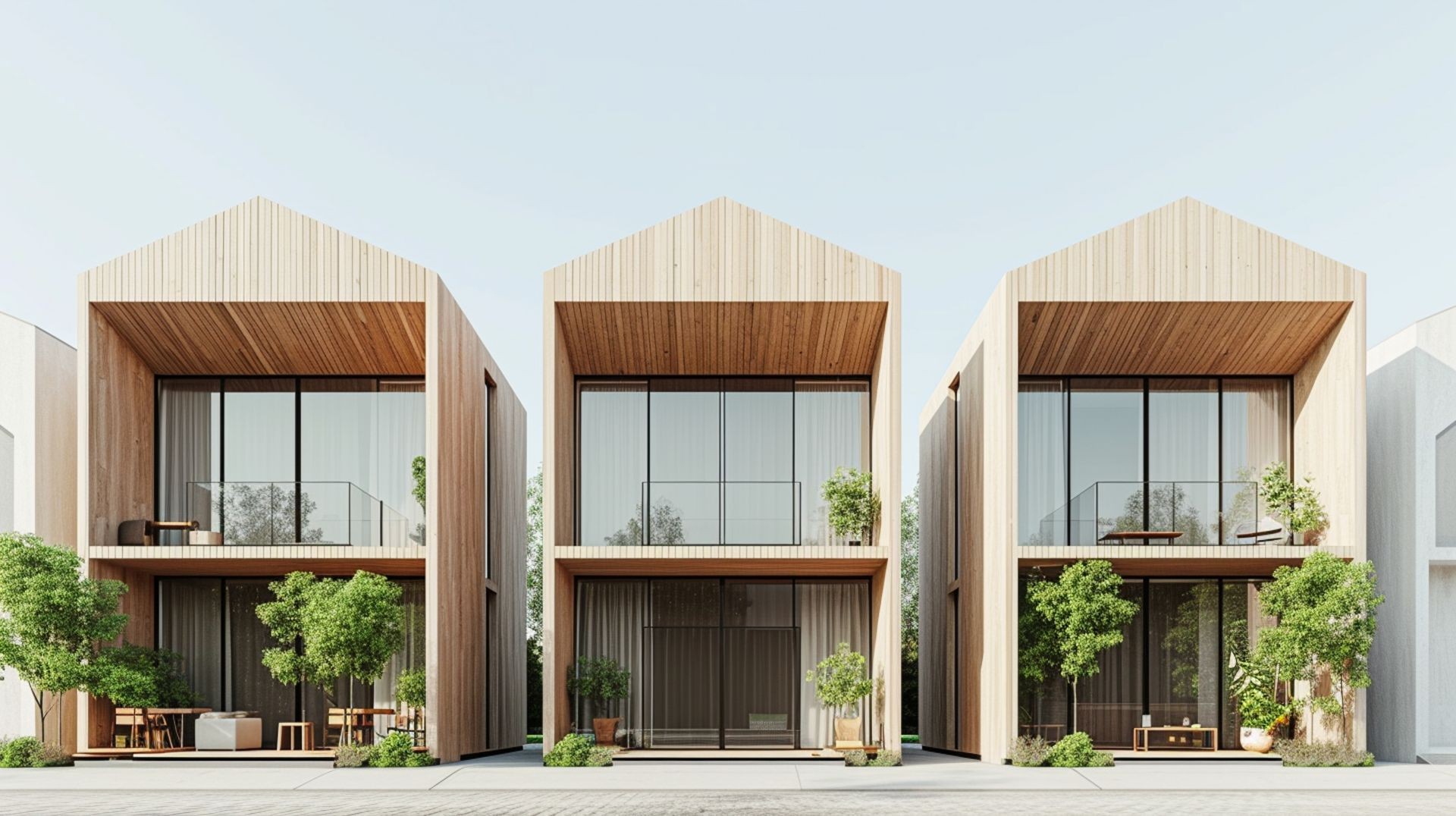 Modern wooden houses with large glass windows and balconies, surrounded by greenery.