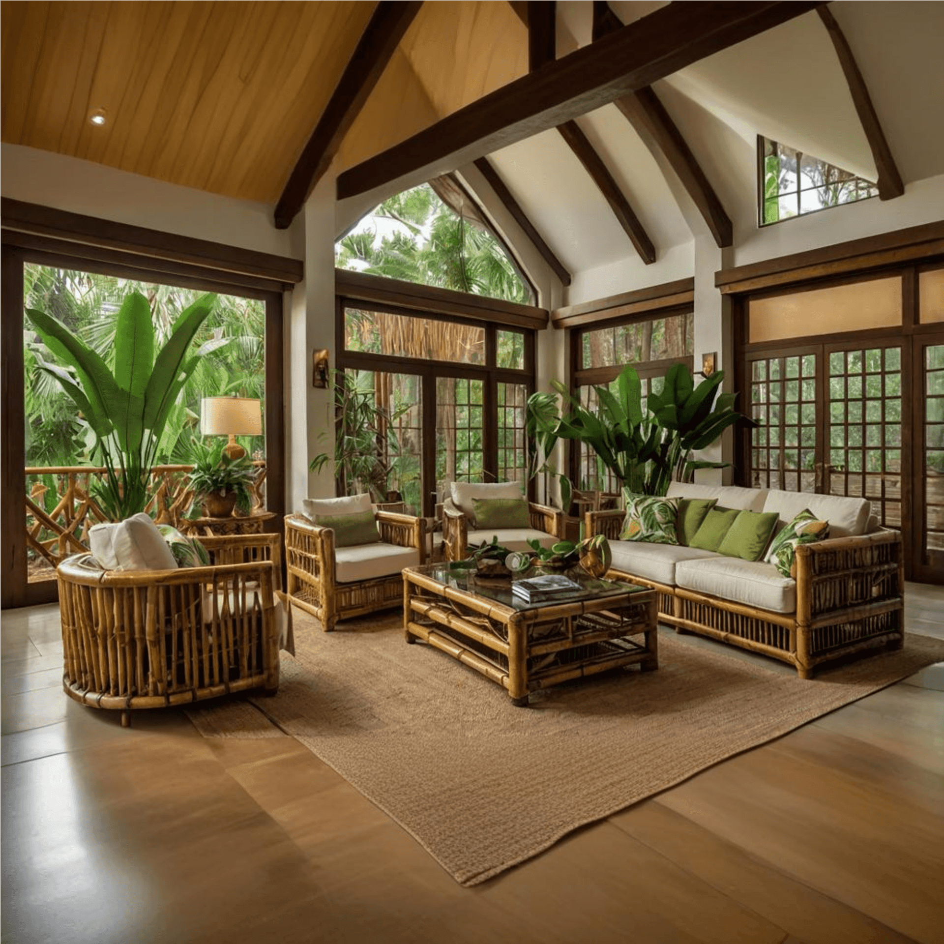 Tropical living room with bamboo furniture, large windows, green plants, and vaulted ceiling.