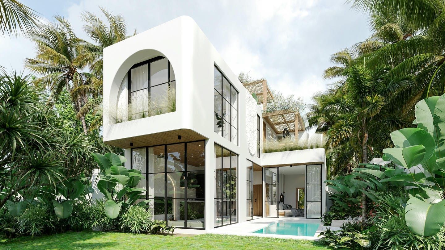 Modern white house with large glass windows and tropical landscaping surrounding a swimming pool.