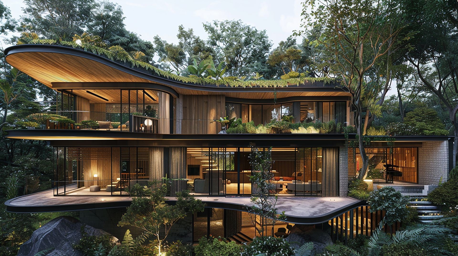 Modern multi-level house with glass walls surrounded by lush greenery and rooftop garden.