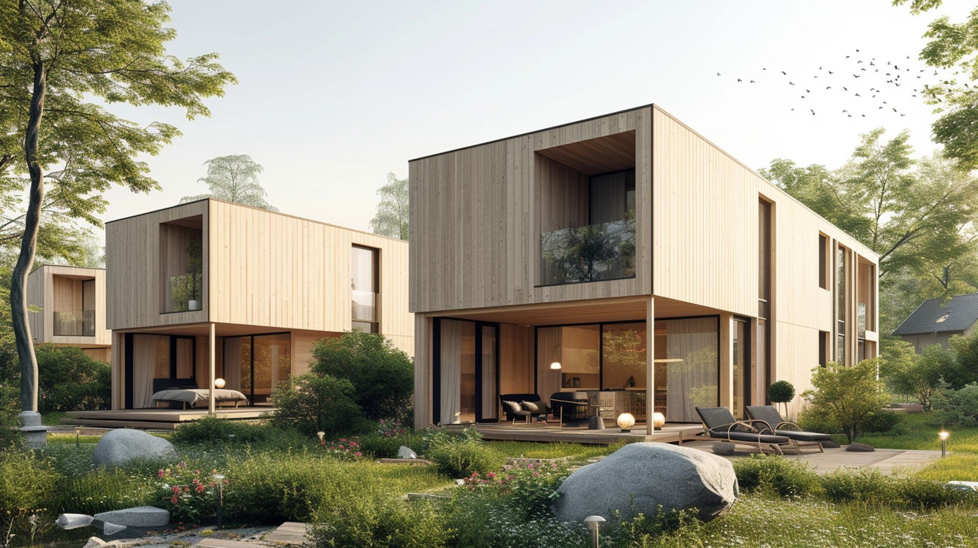Modern wooden houses with large windows in a green garden setting under a blue sky.