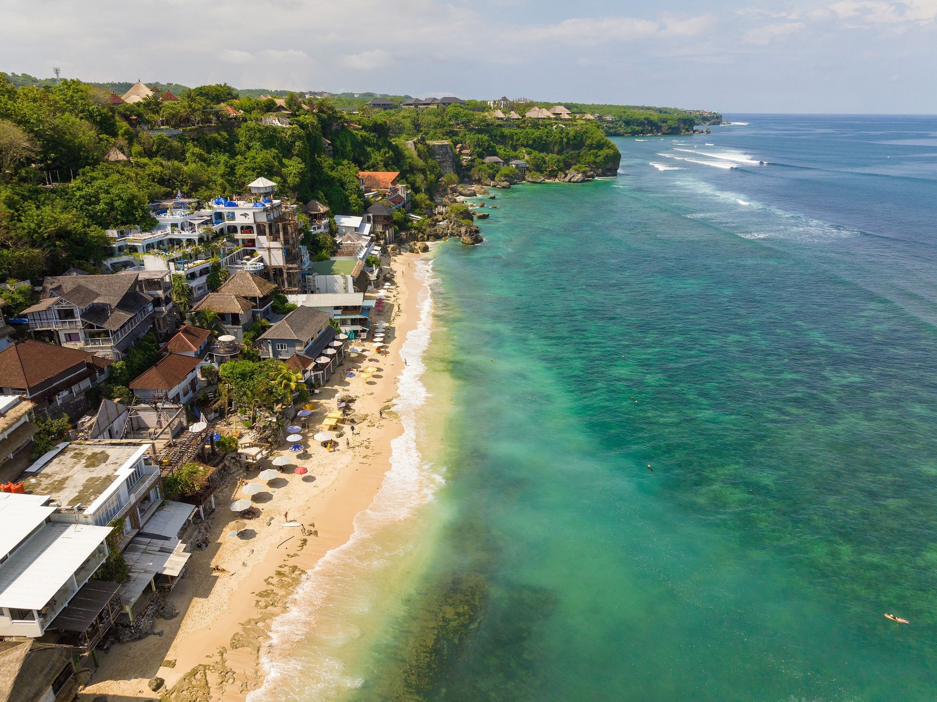 Aerial view of the Bingin Beach in  Uluwatu in evening, Bali Island, Indonesia