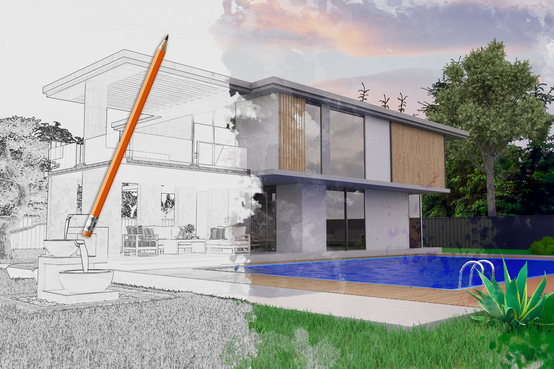 Half Drawing Sketch Modern Villa Exterior with Swimming Pool. Architectural Concept